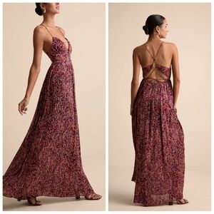 Lulus Kit Plum Multi Floral Pleated Lace-Up Chiffon Maxi Dress | Small | NWT